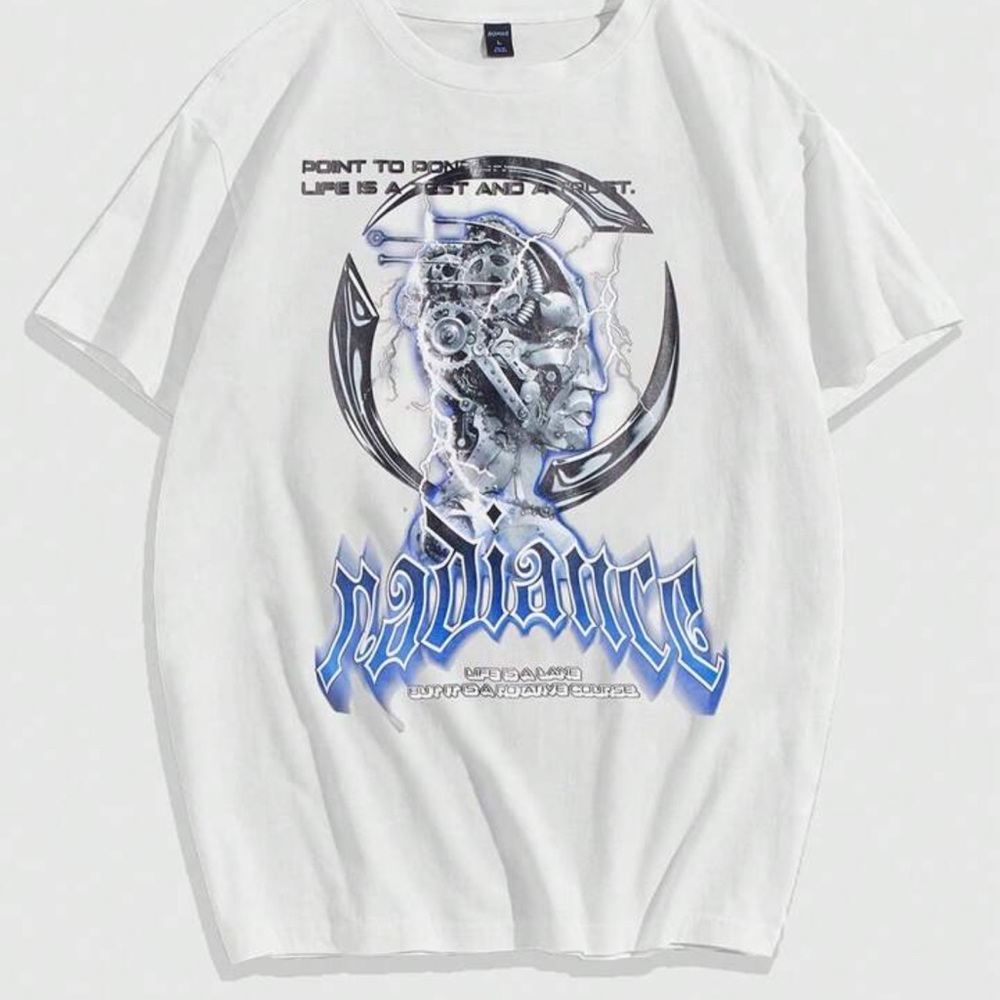 ROMWE White and Blue Short Sleeve Tee Graphic Design